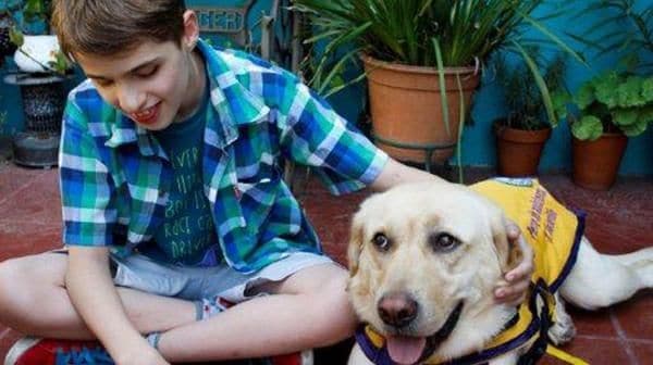 niño con un perro lazarillo