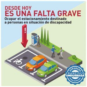 Ilustración que muestra tres estacionamientos, y el que está reservado para PeSD se encuentra desocupado.