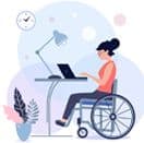 Ilustración mujer en silla de ruedas frente a un computador