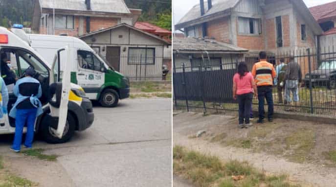 Dos fotos juntas. La primera aparece una ambulancia y un furgón de carabineros afuera de una casa. Y en la otra aparecen personas entrando a una casa.