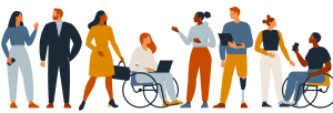 Ilustración mujer en silla de ruedas con un computador