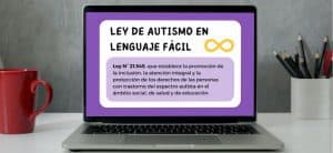 pantalla de notebook con imagen morada con texto negro ley de autismo en lenguaje fácil